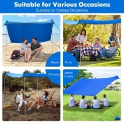Tangkula 7'x7' Beach Tent Canopy W/ 4 Poles Sandbag Anchors UPF50+ Blue/Green/Purple