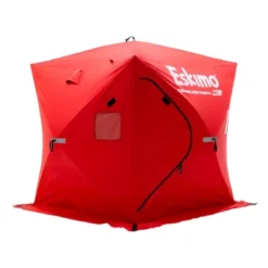 Eskimo QuickFish 3 Portable 3-Person Spacious Pop Up Ice Fishing Shanty Shack Hub Tent With Ice Anchors And Backpack Storage Bag, Red (2 Pack)
