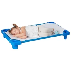 ECR4Kids Stackable Kiddie Cot With Sheet, Toddler Size, Classroom Furniture, Blue, 6-Pack