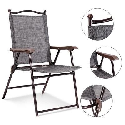 Costway Set Of 2 Patio Folding Sling Back Chairs Camping Deck Garden Beach Gray 6 Costway Set Of 2 Patio Folding Sling Back Chairs Camping Deck Garden Beach Gray - Image 4