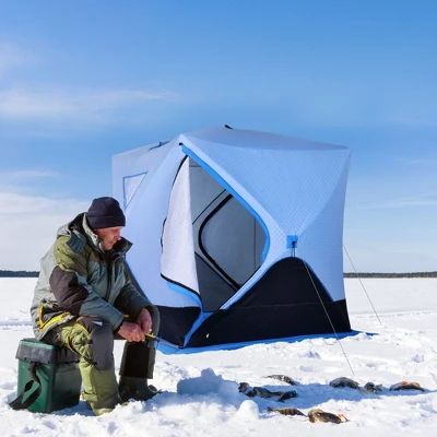 Outsunny 4 Person Ice Fishing Shelter With Padded Walls, Thermal Waterproof Portable Pop Up Ice Tent With 2 Doors, Light Blue 4 Outsunny 4 Person Ice Fishing Shelter With Padded Walls, Thermal Waterproof Portable Pop Up Ice Tent With 2 Doors, Light Blue - Image 2