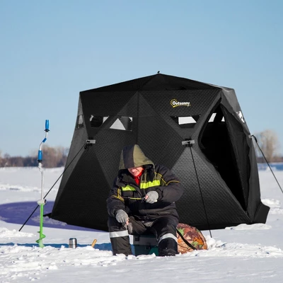 Outsunny 4 Person Insulated Ice Fishing Shelter 360-Degree View, Pop-Up Portable Ice Fishing Tent With Carry Bag, Two Doors And Anchors, Black 4 Outsunny 4 Person Insulated Ice Fishing Shelter 360-Degree View, Pop-Up Portable Ice Fishing Tent With Carry Bag, Two Doors And Anchors, Black - Image 2