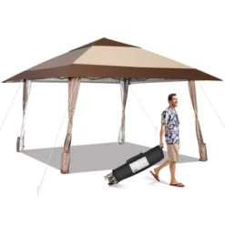 Costway 13'x13' Patio Pop-Up Gazebo Canopy Tent Portable Instant Sun Shelter Coffee
