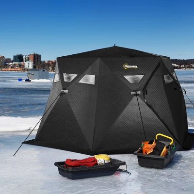 Outsunny 4 Person Insulated Ice Fishing Shelter 360-Degree View, Pop-Up Portable Ice Fishing Tent With Carry Bag, Two Doors And Anchors, Black 3 Outsunny 4 Person Insulated Ice Fishing Shelter 360-Degree View, Pop-Up Portable Ice Fishing Tent With Carry Bag, Two Doors And Anchors, Black